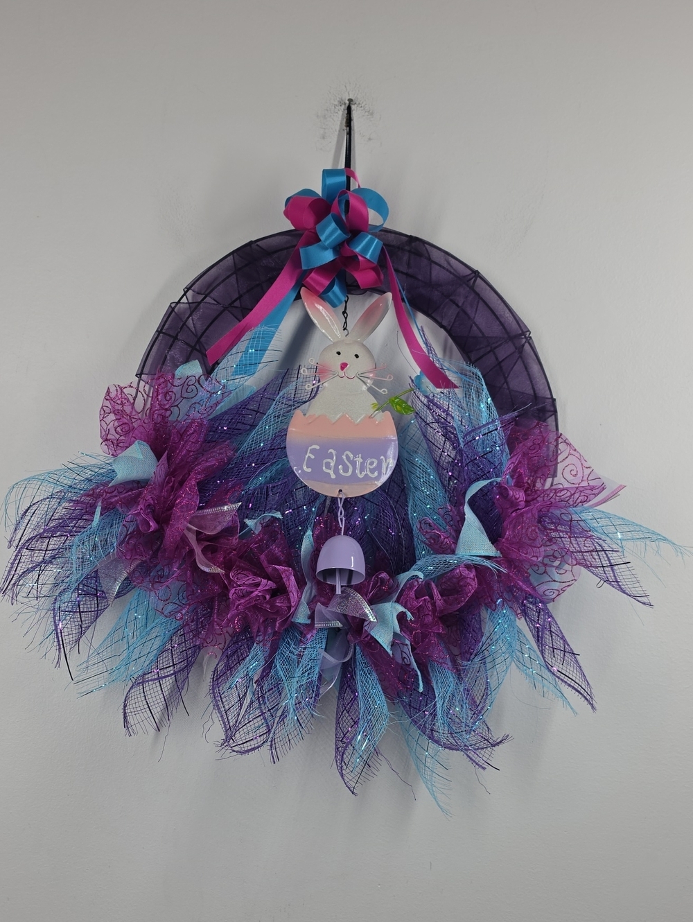 Handmade Easter Bunny Deco Mesh Wreath One of a Kind Donna Corless Spring Decor